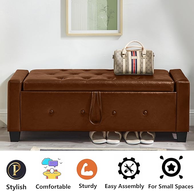 48" PU Leather Storage Ottoman Bench for Bedroom Bed End,Tufted Faux Leather Ottomans with Storage for Living Room,Bedside,Entryway,Modern Window Benches with Seating (PU Brown, 48")