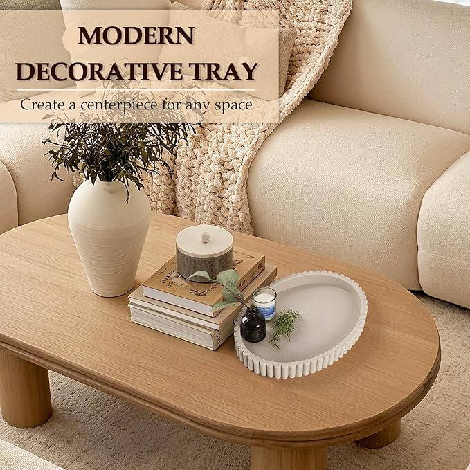 Oval Tray for Coffee Table Decor, 13" Resin Coffee Table Trays, Table Centerpieces Decorative Tray for Home Decor, Modern Decorative Centerpiece Trays, Beige Resin