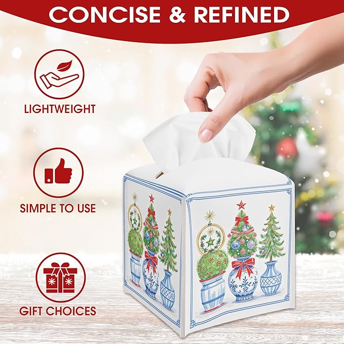 Christmas Trees Tissue Box Cover Square, Christmas Leather Tissue Box Cover Holder, Xmas Gift Ideas for Family Friends, Bathroom Kitchen Car Office Decor, Porcelain Print (5.2 Inches)-B03