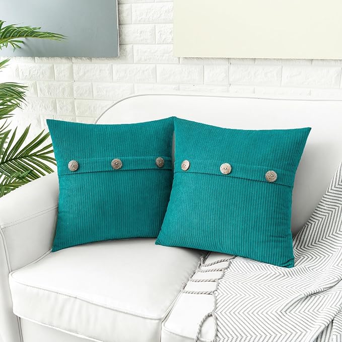 HWY 50 Teal Chenille Throw Pillow Covers 20x20 Inch with Triple Buttons, Soft Farmhouse Accent Decorative Cushion Cases for Couch Sofa Bed Living Room Pack of 2