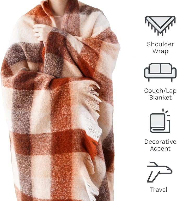 BATTILO Rust Plaid Throw Blanket for Couch Bed, Soft Mohair Tartan Plaid Blanket, Farmhouse Style Checkered Pattern, Fall Throw Blankets for Home Decor(50"x60")