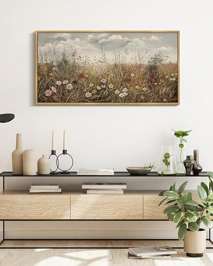 SHENIFY Vintage Landscape Framed Wall Art Meadow with Flowers Farmhouse Decor Retro Wildflower Field Scenery Painting for Hallway Bedroom Living Room Dining Room - 20x40in Natural Framed
