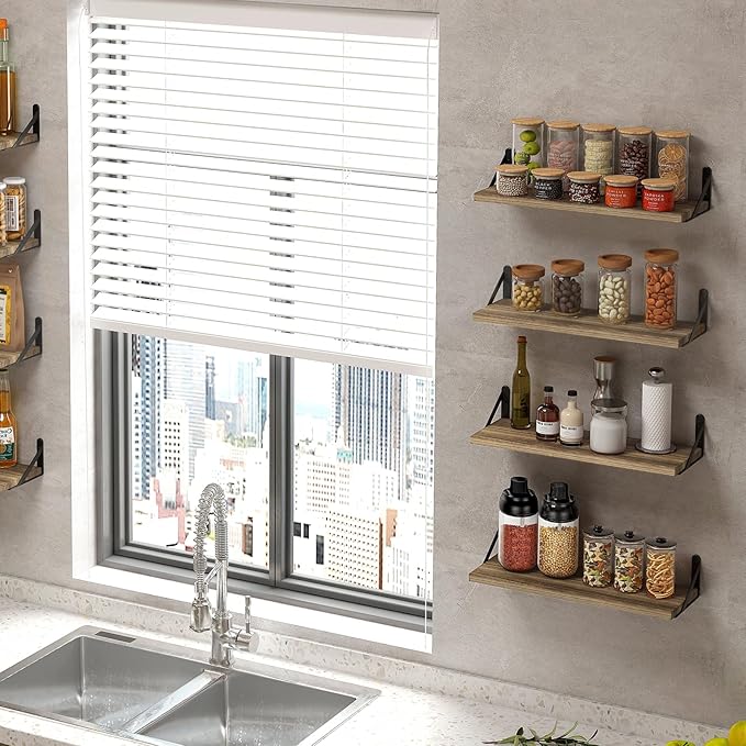 Fixwal Floating Shelves for Room Wall, Width 4.7in Rustic Wood Wall Storage Shelves for Bedroom, Living Room, Kitchen, Bathroom, Office Decor and Plants Display (Set of 8 Carbonized Black)