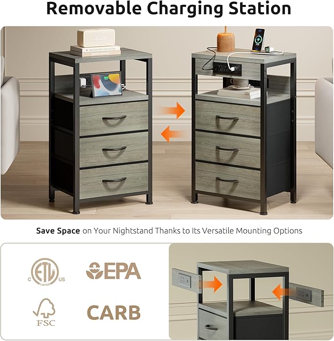 NightStand Bedside Charging Table Bedroom - Night Stand with Charger Station, Modern Nightstand with Open Shelf & 3 Fabric Drawers, End Table with USB-C USB Ports & AC Outlets for Dorm, Grey