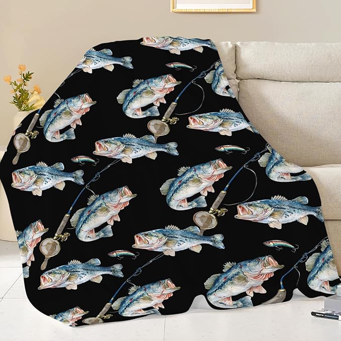 Bass Fish Blanket for Girls Women Boys Men Adults Kids Soft Cozy Fleece Fishing Throw Blankets Fisherman Gifts Warm Flannel Plush Lightweight Decor for Couch Bed Sofa 50"X40"