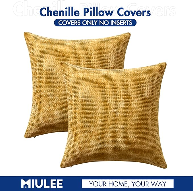 MIULEE Pack of 2 Gold Throw Pillow Covers 18x18 Inch Mustard Yellow Summer Modern Boho Accent Decorative Pillow Covers Soft Chenille Farmhouse Cushion Covers for Home Decor Couch Bed Sofa Living Room