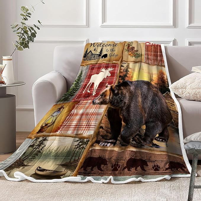 JAWO Rustic Cabin Throw Blankets, Farmhouse Country Antique Bear Moose Forest Vintage Cozy Warm Bed Couch Blanket，Hunting Camping Theme Fleece Flannel Throws to Decorate The Room and Bedroom 50X60IN