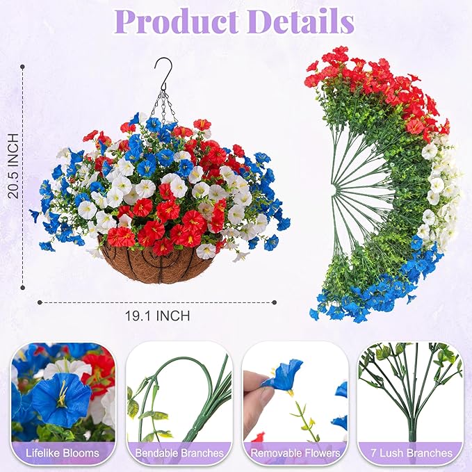 Artificial Fake Hanging Flowers with Basket for Outdoors, Faux Petunias Flowers Fake Hanging Plants with Eucalyptus Realistic UV Resistant for Outside Patio Garden Porch Balcony Yard Decor