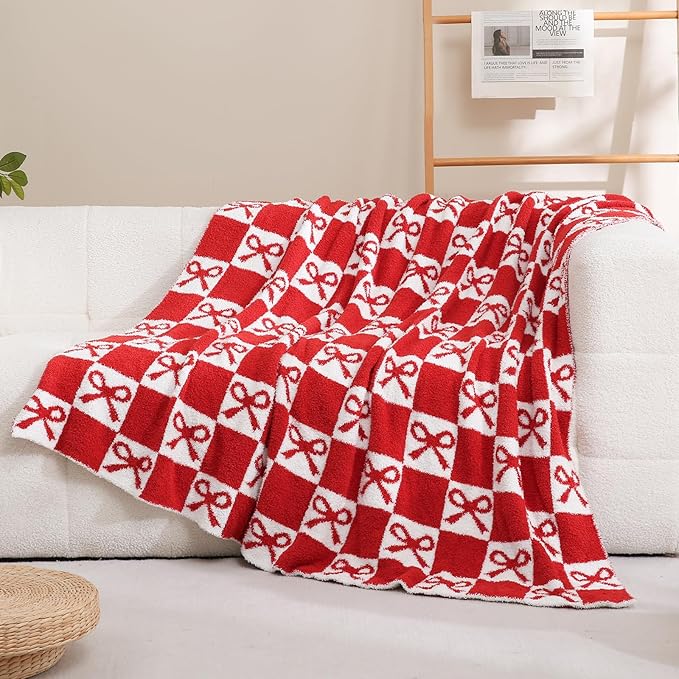YIRUIO Red Checkered Knit Throw Blanket - with Bow Pattern for Women Daughter, 50x60 Size Ultra Soft Microfiber Reversible,Fluffy Fuzzy Cozy Throw for Bed, Sofa & Couch, Home Decor