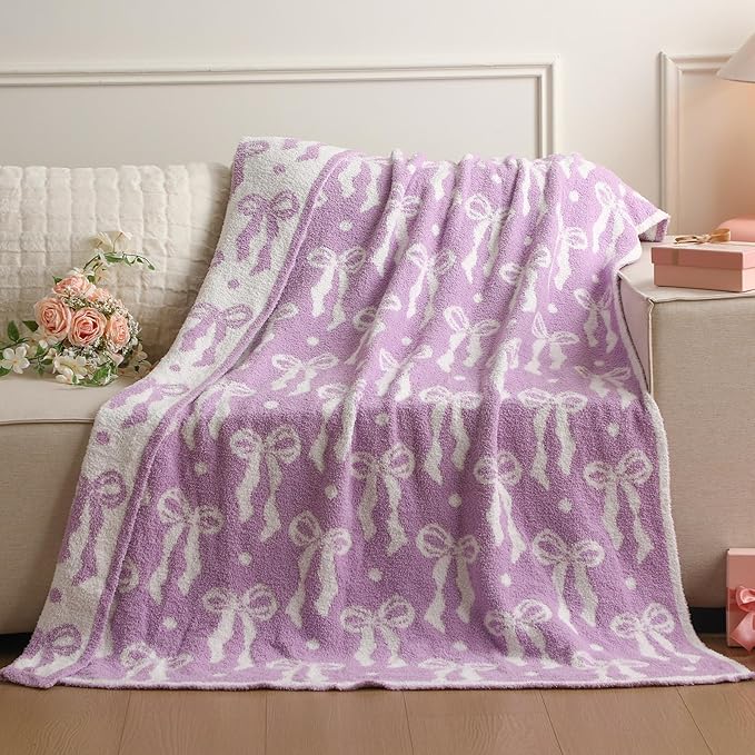 Buryeah Purple Bow Blanket Soft Microfiber Double Sided Bow Throw Blanket 50"x 60" Coquette Aesthetic Plush Bedding Stuff Sofa Chair Dormitory Room Decor for Women, Wedding Bridesmaid Gifts, Mother