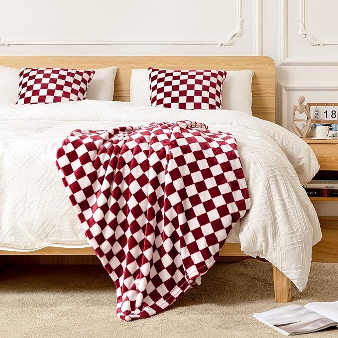 FY FIBER HOUSE Checkered Flannel Fleece Throw Blanket King Size Soft Cozy Checkerboard Grid Print Chessboard Pattern Blankets for Bed Couch Sofa, 90"x108", Burgundy