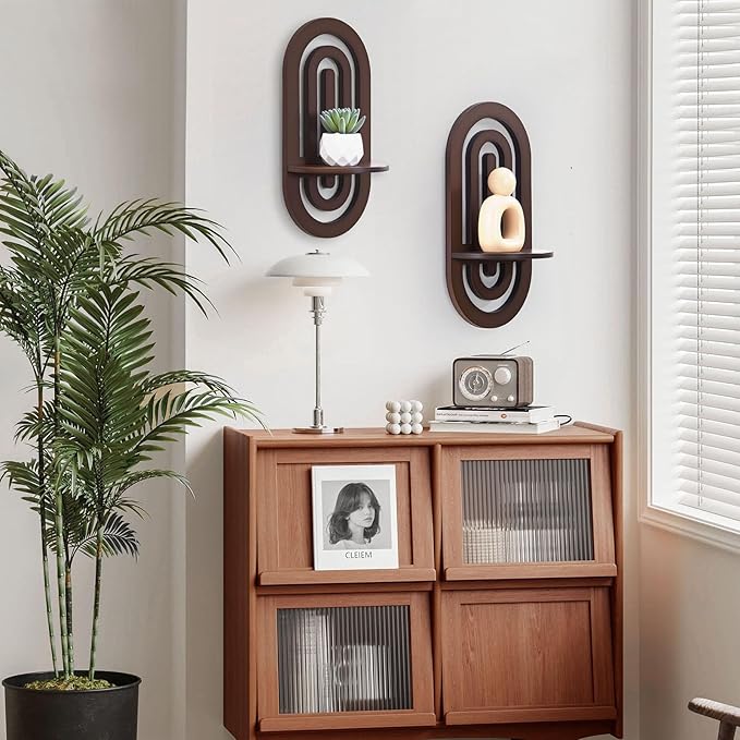 Boho Decor Wall Floating Shelves with Arched Wood Design, Decorative Wall Mounted Display Shelf Set of 2 for Bedroom Living Room, Dark Brown
