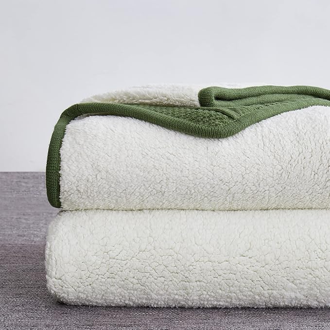 Longhui bedding Olive Green Acrylic Cable Knit Sherpa Throw Blanket - Thick, Soft, Big, Cozy Knitted Fleece Blankets for Couch, Sofa, Bed - Large 60 x 80 Inches Coverlet All Season