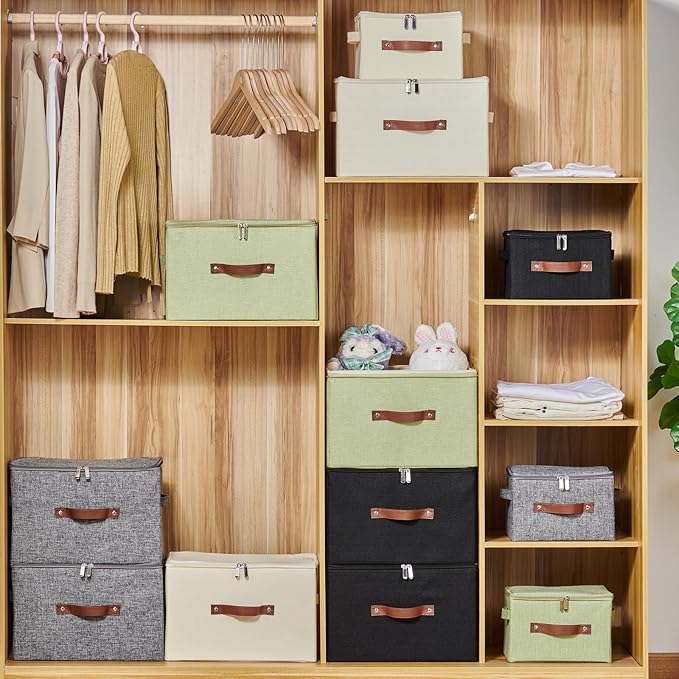 Storage Bins with Zipper Lid Cotton Linen Fabric Lidded Storage Baskets Boxes Foldable Washable Closet Shelf Clothes Organizer Container with PU Leather Handles (Gray, Large Size)