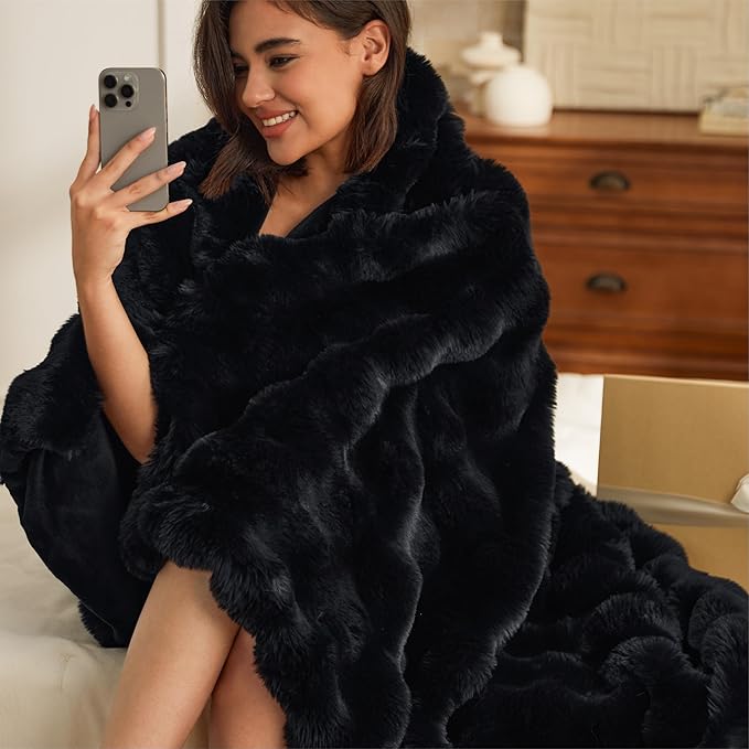 Bedsure GentleSoft Fluffy Fuzzy Black Throw Blanket for Bed, Soft Cozy Fleece Faux Fur Blanket for Couch, Black Room Decor Minky Velvet Sofa Cover, Thick Warm Plush Bedding Cozy Gifts for Women Men