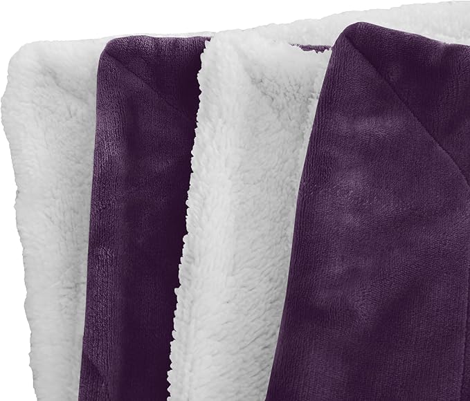 Elegant Comfort Luxury Ultra-Plush Velvet Touch Fleece Throw Soft, Warm, Cozy| Micromink Sherpa-Backing Reversible Blanket for Bed, Sofa and Couch, Solid Purple