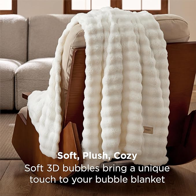 Bedsure 3D Fleece Bubble Blanket for Couch - GentleSoft White Spring Throw Blanket for Sofa Bed Room Decor - Luxury Soft Cozy Blanket Gifts for Women, Lightweight, All Seasons, Off White, 50"×60"