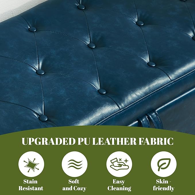 48" PU Leather Storage Ottoman Benches for Bedroom,Tufted Ottomans with Storage for Living Room,Mid Century Modern Bench with Seating for Entryway,Window,Bedside (PU Blue, 48 inch)