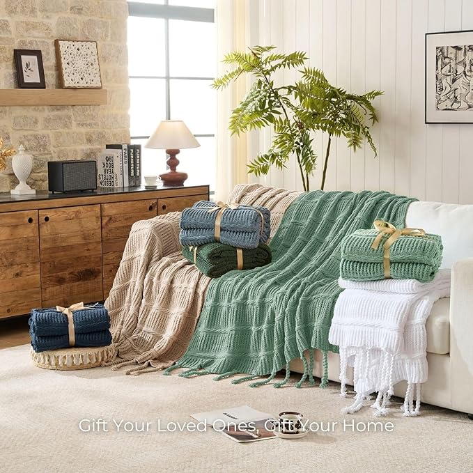 Boho Knitted Chenille Blanket with Tassels - Lightweight & Soft All-Season Throw - 3D Classic Pattern for Living Room Bedroom Couch, Sage Green, Twin 60"x80"