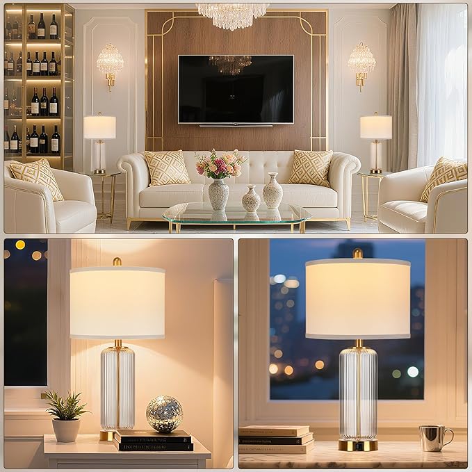 Table Lamps Set of 2 with Touch Control, 27" Modern Glass Bedside Lamps with USB A+C Ports, 3-Way Dimmable Nightstand Lamp with Vertical Grained Glass, Bedside Table Lamps, Desk Lamp for Bedroom