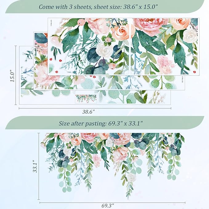 Watercolor Flowers Leaves Wall Decals Peel and Stick, Large Floral Flowers Wall Stickers, Removable Vine Home Decor Art for Bedroom Living Room Classroom Office