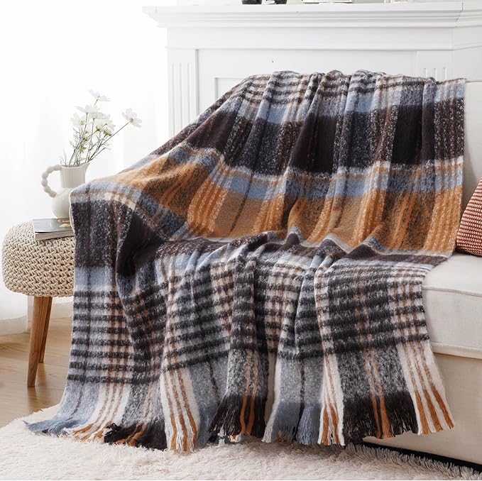 BATTILO Plaid Throw Blanket for Couch Bed, Soft Mohair Tartan Plaid Blanket, Farmhouse Style Checkered Pattern, Bluish Grey Throw Blankets for Home Decor(50"x60")