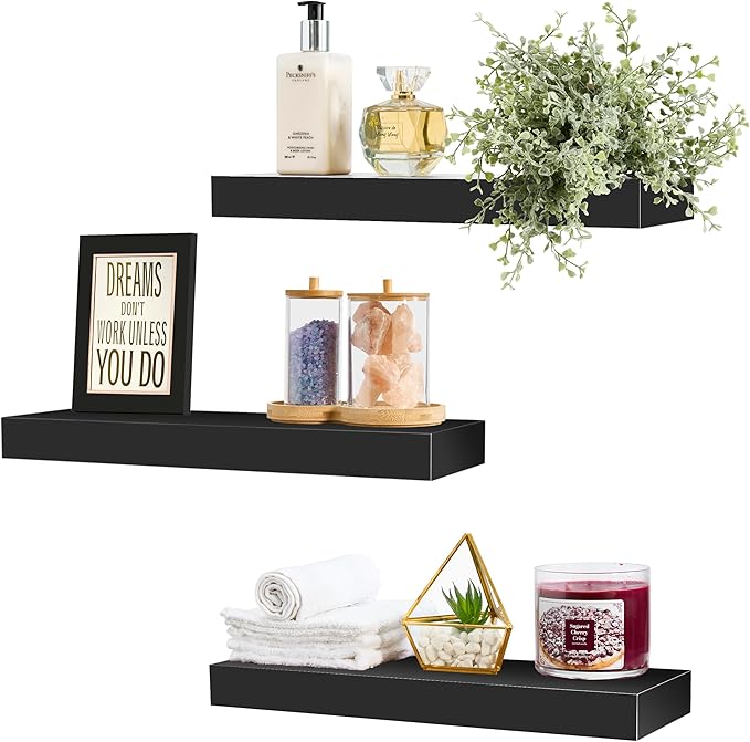 Sorbus Floating Shelves for Wall – 16 Inch Floating Shelf for Kitchen, Bedroom, Living Room, Bathroom, Home & Wall Decor - Mounted Bathroom Shelves with Invisible Brackets (Black, 3 Pack)
