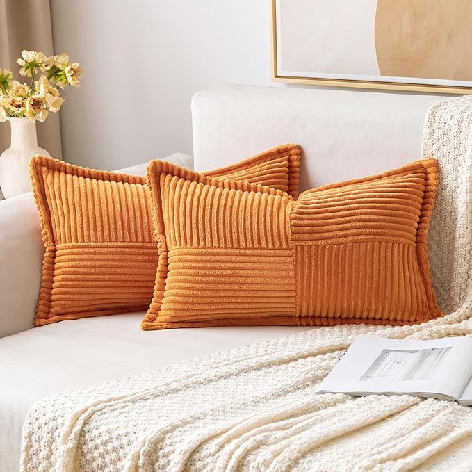 MIULEE Burnt Orange Decorative Lumbar Throw Pillow Covers for Couch Bed Livingroom 12x20 Inch Set of 2 Boho Accent Throw Pllows Broadside Striped Patchwork Soft Corduroy Pillowcases