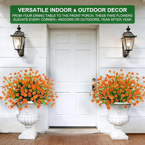 12 Bundles Artificial Flowers for Outdoors Spring Summer Decorations, UV Resistant Fake Mums Realistic Fake Plants Faux Plastic Flowers for Outdoor Indoor Home Gardens Porch Fall Decor(Orange Red)
