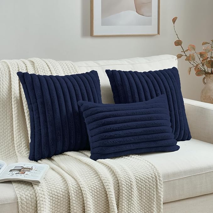 FUTEI Dark Navy Decorative Throw Pillow Covers Set of 2, 12x20 Inch Soft Fluffy Faux Fur Plush Striped Lumbar Pillowcases, Modern Home Decor for Couch Bed Living Room