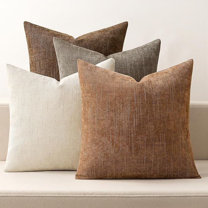 MIULEE Pack of 4 Decorative Throw Pillow Covers 20x20 Inch Brown Chenille Textured Throw Pillows Boho Farmhouse Rustic Accent Cushion Covers for Vintage Modern Home Decor Couch Sofa Bed Living Room