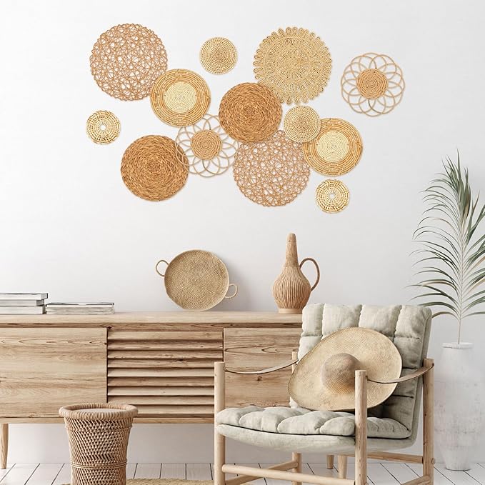 Glenmal Set of 13 Boho Wall Basket Decor Woven Rattan Flat Baskets Handmade Boho Wicker Bamboo Seagrass Wall Hanging Decor for Bedroom Living Room Dining Room Office Ready to Hang(Classic)