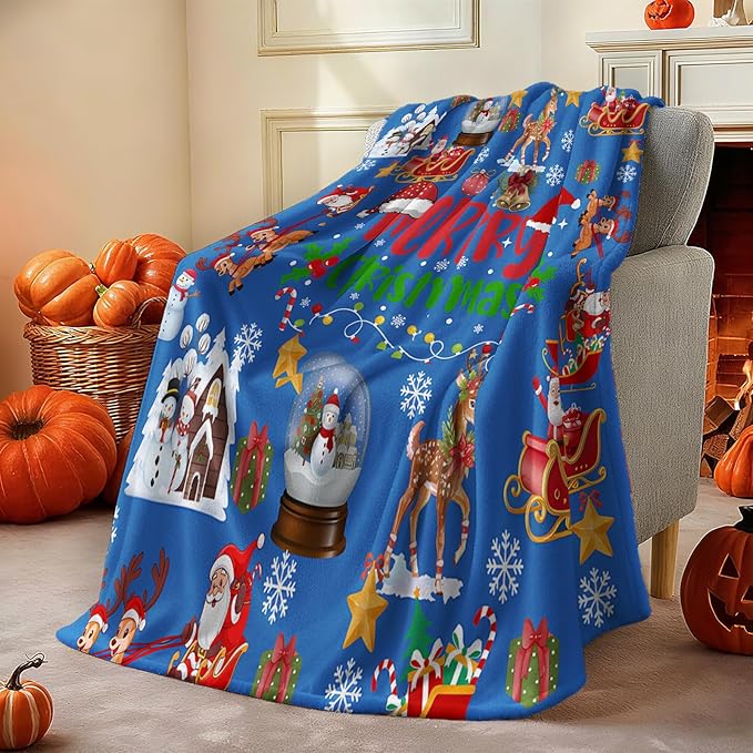 Blue Cute Christmas Blankets and Throws for Adults/Women/Boys/Kids, Holiday Fleece Throw Blanket for Couch/Sofa, Holiday Decor, Christmas Decorations/Gifts 40"x 60"