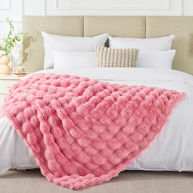 EXQ Home Fluffy Faux Rabbit Fur Throw Blanket for Couch, Soft Luxury Bubble Double Sided Plush Blanket, Cozy Thick Warm Fuzzy Decorative Blanket for Bed Chair Sofa Living Room,50"X60"(Dark Pink)