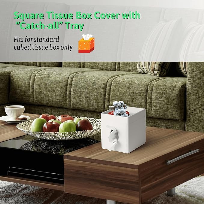 Tissue Box Cover, PU Leather Square Tissue Box Holder with Upper Storage Tray for Bathroom/Countertop/Nightstand/Office Table - White