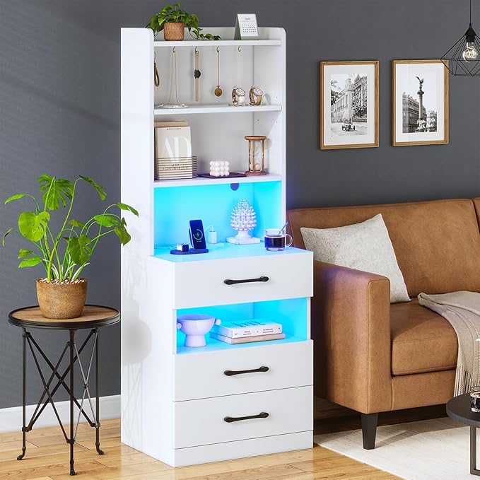 AOGLLATI Tall Nightstand with Charging Station and LED Lights, Night Stand with 3 Drawers, Bedside Table with Bookshelf and Storage Shelves, White Modern End Side Table for Bedroom