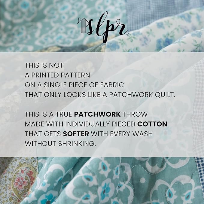 SLPR Cotton Quilted Throw Blanket, 50" x 60" Floral Farmhouse Patchwork Quilt, Shabby Chic Patchwork Throw Lap Quilt for Couch, Wildflowers