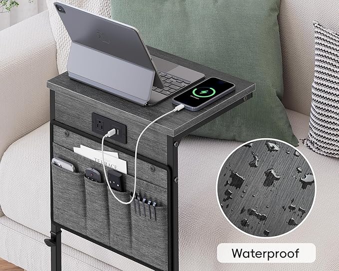 Vagusicc C Shaped End Table with Charging Station, 33" Tall Side Table for Couch, Sofa Table Adjustable Height Couch Side C Table, Slide Under Sofa Tray Table for Living Room Bedroom, Gray Walnut