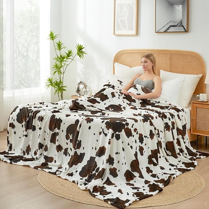 Cozy Bliss Cow Print Throw Blanket for Bed - Fuzzy Thick Soft Warm Fleece Blankets for Couch & Bed, for Women Men Girls Kids, Dark Brown Large King Size 120"*100"