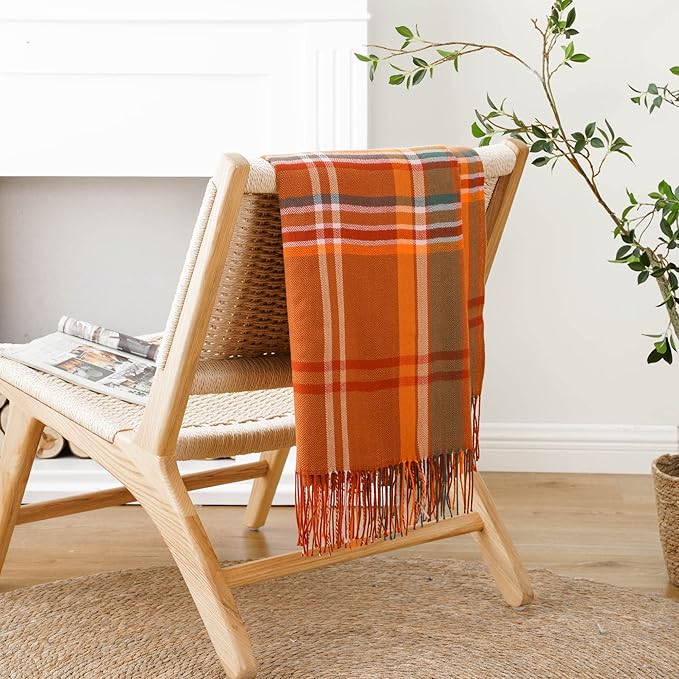 BATTILO HOME Orange Plaid Throw Blanket for Couch - Fall Throw Blanket - Lightweight Buffalo Plaid Blanket Throw Checkered Blanket for Bed, Sofa, Chair,Home Decor, Fall Decor