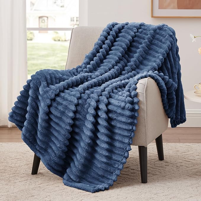EXQ Home Fleece Blanket Twin Size for Couch or Bed - 3D Stripe Jacquard Decorative Blankets - Cozy Soft Lightweight Fuzzy Flannel Blanket Suitable for All Seasons(60"×80",Dark Blue)