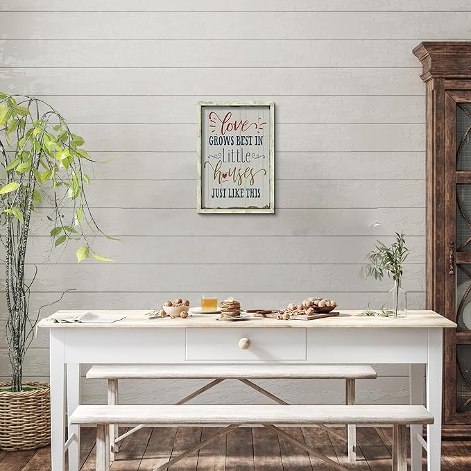 Farmhouse Family Wood Wall Decor: Rustic Home Sign Framed Art Picture Love Grows Best in Little Houses Inspirational Quote Print Artwork for Bedroom Living Room Kitchen Decorations