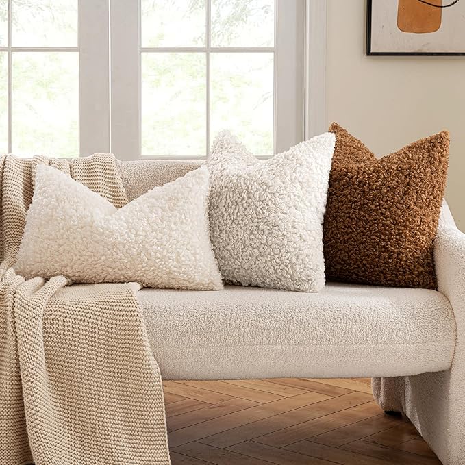 MIULEE Pack of 2 Faux Fur Throw Pillow Covers 26x26 Inch Neutral Light Beige Boucle Decorative Sherpa Pillow Covers Fuzzy Accent Soft Sheepskin Fleece for Boho Home Decor Couch Living Room Bed