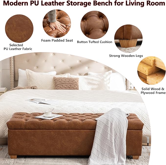 60.2" Storage Ottoman Bench for Bedroom Bed End,Brown PU Leather Bench with Seating,Button Tufted Ottomans with Storage for Living Room,Bedside,Entryway (Brown, 60.2")