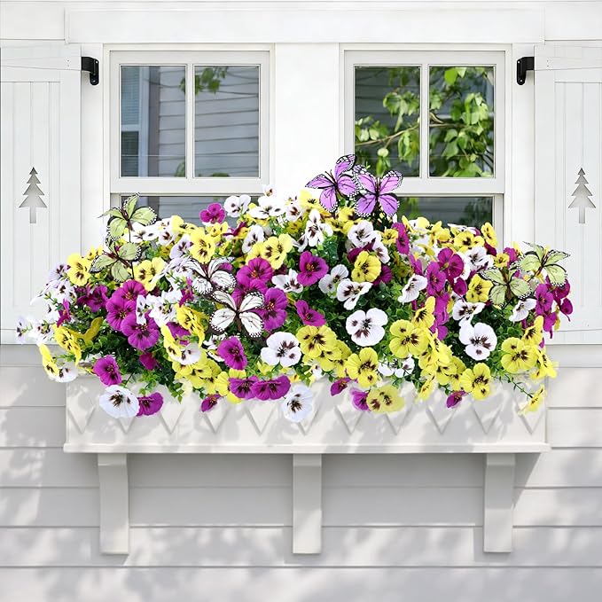 Artificial Flowers for Outdoor, 18 Bundles UV Resistant Faux Silk Pansy Flowers with Butterfly Accents, Realistic Fake Plants for Planters, Window Boxes & Grave Decor, 15 Bundles + 3 Butterflies