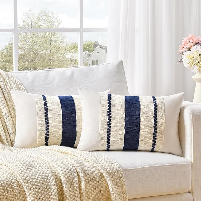 Fancy Homi Set of 2 Navy Blue Lumbar Decorative Throw Pillow Covers 12x24 Inch for Couch Bed Sofa Living Room, Aesthetic Modern Organic Farmhouse Home Decor, Soft Cotton Woven Textured Cushion Case
