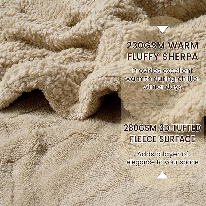 PHF Fluffy Sherpa Fleece Blanket Queen Size for Winter, Warm and Cozy, 510GSM 3D Tufted Shaggy Fleece Blanket for Sofa Bed, Khaki, 90"x90"