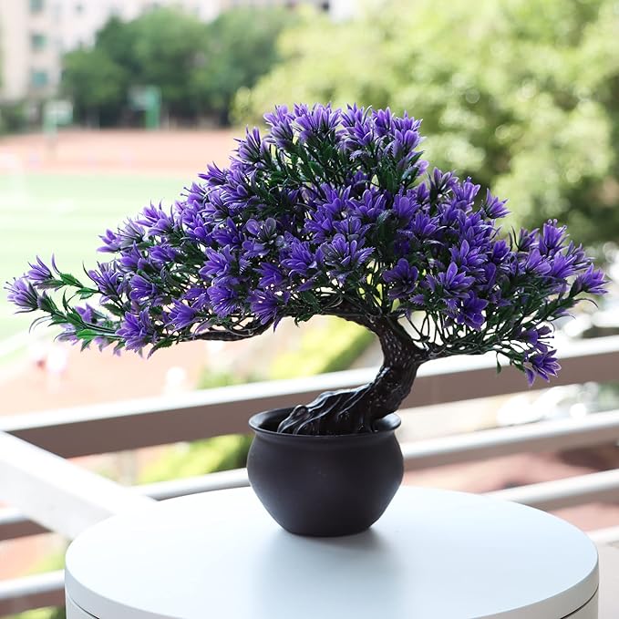 Artificial Bonsai Tree Fake Plants for Home Decor, Living Room Bathroom Bookshelf Entryway Table Wall Shelf Modern Farmhouse Decor, 9.5" Tall, Purple