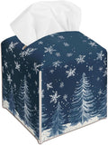 Christmas Trees Snowflake Leather Tissue Box Cover Holder, Blue Tissue Box Cover Square, Xmas Gift Ideas for Family Friends, Bathroom Kitchen Car Office Home Table Decor(5.2 Inches)-B14