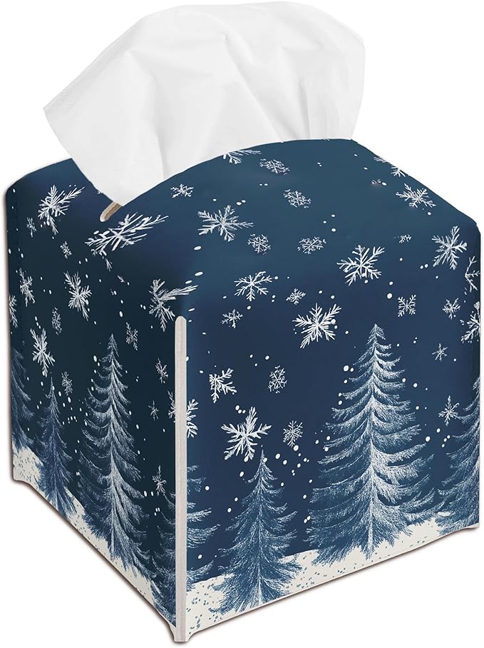 Christmas Trees Snowflake Leather Tissue Box Cover Holder, Blue Tissue Box Cover Square, Xmas Gift Ideas for Family Friends, Bathroom Kitchen Car Office Home Table Decor(5.2 Inches)-B14